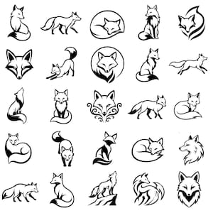 May include: A collection of twenty-five black and white graphic illustrations of foxes in various poses, including sitting, running, sleeping, and standing. Each icon features clean lines and high-contrast silhouettes depicting the fox anatomy.
