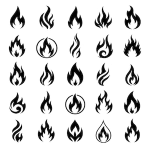 May include: A collection of twenty-five distinct black flame icons arranged in a five-by-five grid. Each icon features a unique stylised representation of fire, with some enclosed in circular borders and others depicted as simple, sharp silhouettes.
