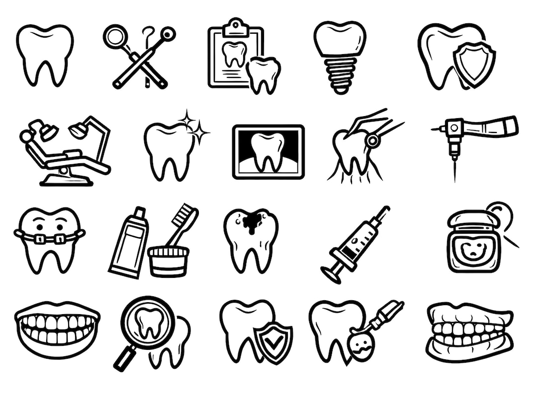 Dental SVG Icons Bundle – 20 Unique Black Outline Dental Icons, Bold ...