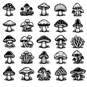 Op de afbeelding: Een verzameling zwart-wit illustraties van paddenstoelen. De ontwerpen variëren en tonen verschillende vormen, maten en stijlen van paddenstoelen. Sommige hebben gestippelde doppen, terwijl andere unieke texturen hebben. De illustraties zijn geschikt voor diverse ontwerpprojecten.