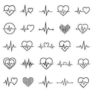 May include: A collection of twenty-five black line art icons arranged in a grid. The icons feature various combinations of heart shapes and electrocardiogram pulse lines, including simple heart outlines, heartbeat waves, and stylized heart symbols.