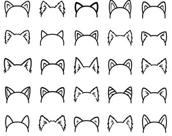 Cat Ears Line Drawing SVG Bundle – 25 Unique Feline Ear Outline Icons, Bold Black Line Art, White Background, Cricut Silhouette Cut Files