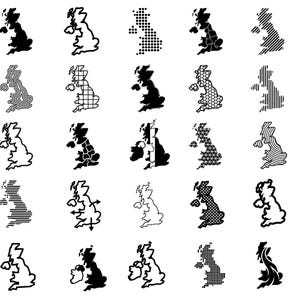 Może przedstawiać: Kolekcja dwudziestu pięciu czarno-białych ikon graficznych przedstawiających mapę Wielkiej Brytanii. Każda ikona posiada unikalny wzór, w tym pełne wypełnienia, kontury, kropki, paski, siatki oraz różnorodne kształty geometryczne.