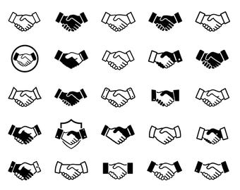 Handshake SVG Icons Bundle – 25 Unique Black Outline Agreement Symbols, Bold Line Art, White Background, Cricut and Silhouette Cut Files