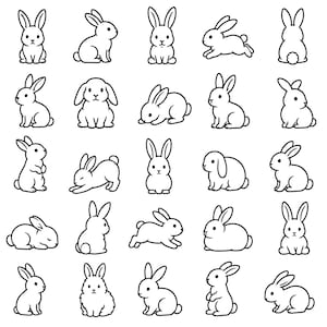 Puede incluir: Una colección de veinticinco ilustraciones de arte lineal en blanco y negro de conejos en varias posturas, incluyendo sentados, saltando, acostados y mirando en diferentes direcciones, presentadas en una cuadrícula sobre fondo blanco.