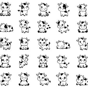 Puede incluir: Una colección de veinticinco ilustraciones de arte lineal en blanco y negro que muestran terneros pequeños en varias poses. Las vacas están representadas con ojos grandes, cuernos pequeños y patrones de manchas, sentadas, de pie, durmiendo.