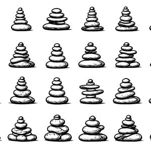 Pile of Stones SVG Bundle – 24 Unique Rock Stack Icons, Bold Black Outline, Minimal Line Art, White Background, Cricut Silhouette Cut Files