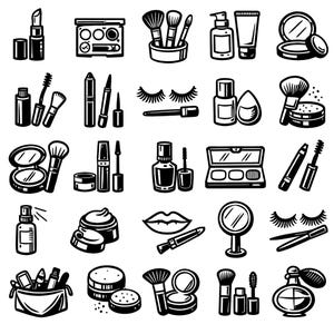 Puede incluir: Ilustración en blanco y negro de varios productos de maquillaje. Incluye lápiz labial, paletas de sombras de ojos, brochas, máscara de pestañas, delineador de ojos, espejos compactos, perfume y más. Ideal para anuncios de productos de belleza.