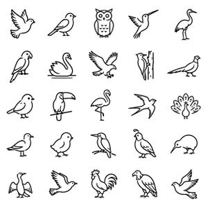 以下が含まれることがあります： フクロウ、白鳥、オオハシ、フラミンゴ、クジャク、雄鶏など、さまざまな鳥類を描いた25個の白黒ラインアートアイコンのコレクション。無地の白い背景に5x5のグリッド形式で配置されています。