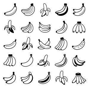 Puede incluir: Una colección de veinticinco iconos de arte lineal en blanco y negro que representan varias disposiciones de plátanos, incluyendo plátanos individuales, pelados y racimos en diferentes orientaciones y estilos sobre un fondo blanco.