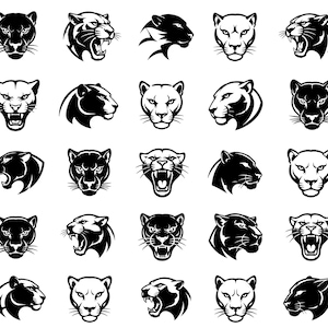 May include: A collection of twenty-five black and white graphic illustrations featuring panther heads in various poses, including front-facing views and side profiles, some with mouths open showing teeth and others with neutral expressions.