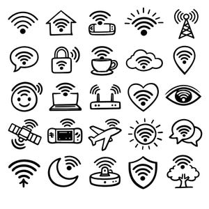 WiFi信号SVGバンドル – 25種類のネットワークシンボル、濃い色の線画、クリーンな背景、Cricutシルエットのデジタルダウンロードファイル