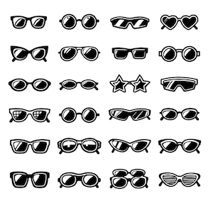Könnte beinhalten: Eine Sammlung von schwarz-weißen Sonnenbrillen in verschiedenen Stilen. Das Bild zeigt verschiedene Rahmenformen, darunter runde, quadratische, Cat-Eye- und sternförmige Designs. Die Sonnenbrillen sind in einem Raster angeordnet.