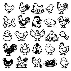 May include: A collection of black and white line art illustrations of chickens, roosters, chicks, and eggs. The images vary in size and pose, depicting various aspects of poultry life, suitable for farm-themed designs.