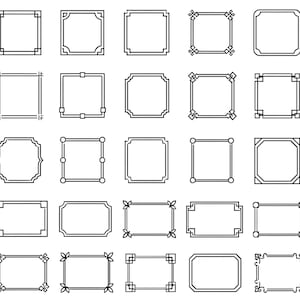 May include: A collection of twenty-five black and white decorative frames in various square and rectangular shapes. Each frame has a unique border design, suitable for digital art or design projects.