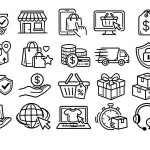 May include: A collection of black and white line art icons related to e-commerce. Icons include a shopping cart, storefront, tablet with shopping bag, computer with shopping basket, price tag, package, shopping bags, coins, delivery truck, shield, credit card, hand with money, shopping basket, gift box, and more.
