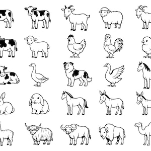 Bundle med bondgårdsdjur Clipart – 25 unika boskapsikoner med svarta konturer, djärva linjeteckningar, vit bakgrund, Cricut- och silhuettklippfiler