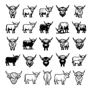 以下が含まれることがあります： ハイランドキャトルの様々なポーズを描いた25種類の白黒ベクターイラスト集。全身の横向きの姿、正面を向いたポートレート、そして子牛と一緒に立っている牛の姿などが含まれています。