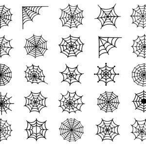 May include: A collection of twenty-five distinct black spider web illustrations arranged in a five-by-five grid. The designs include various circular, corner, and irregular web patterns featuring thin, interconnected lines radiating from a central point.