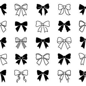 Puede incluir: Una colección de veinticinco iconos de lazos distintos dispuestos en una cuadrícula de cinco por cinco. Cada icono presenta un diseño gráfico único en blanco y negro de un lazo decorativo, mostrando varias formas, texturas y estilos.