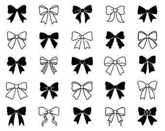 Coquette Bow Clipart SVG Bundle – 25 Unique Ribbon Outline Icons, Pure Black Line Art, White Background, Cricut Silhouette Cut Files