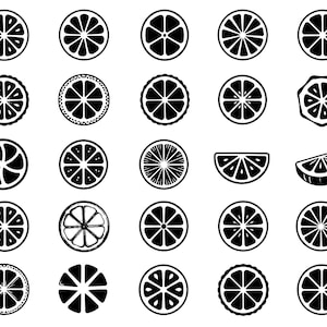 Puede incluir: Una colección de veinticinco iconos en blanco y negro que representan varias rodajas y segmentos de cítricos. El conjunto gráfico presenta secciones transversales circulares de naranjas, limones y limas con texturas de corteza distintas.