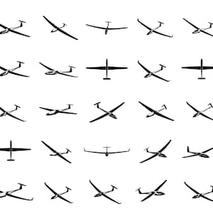 Peut inclure: Plusieurs illustrations en noir et blanc de planeurs, présentées sous différents angles. Les planeurs sont représentés avec des ailes et un fuselage, sur un fond blanc.