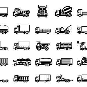 Puede incluir: Conjunto de iconos de camiones en blanco y negro, incluyendo un camión articulado, volquete, hormigonera, plataforma, grúa y camión de basura. Ilustraciones gráficas y limpias.