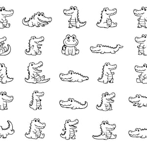 May include: A collection of twenty-four black and white line art illustrations of cartoon crocodiles in various poses, including sitting, standing, and lying down, arranged in a grid pattern on a plain white background.