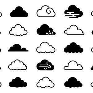 May include: A collection of twenty stylized cloud icons in black and white. The clouds vary in shape and design, some outlined and others solid, with details like swirls and wind indicators.