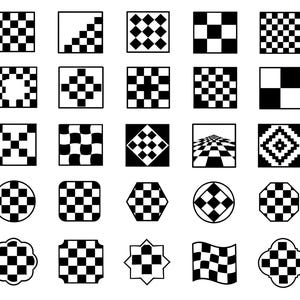 May include: A collection of black and white checkered patterns in various shapes, including squares, circles, and a flag design. The designs feature a classic checkerboard motif, with some variations in the arrangement and shape.
