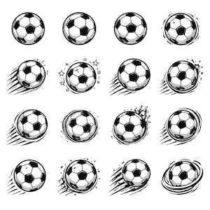 Puede incluir: Colección de ilustraciones en blanco y negro de balones de fútbol. Algunos tienen líneas de movimiento, estrellas o llamas estilizadas, sugiriendo movimiento. Adecuado para diseños deportivos.