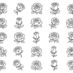 Könnte beinhalten: Eine Sammlung von fünfundzwanzig schwarz-weißen Strichzeichnungen von Rosen, angeordnet in einem fünf-mal-fünf Raster. Jedes Symbol zeigt eine Rose in verschiedenen Blütestadien, einige mit Stielen und Blättern, andere fokussiert auf die Blüte.