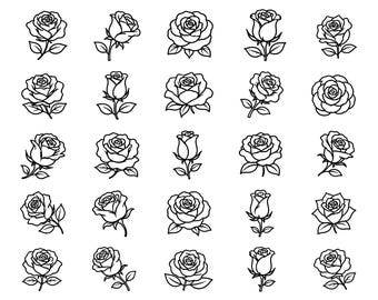 Rose Outline SVG Bundle – 25 Unique Black Floral Icons, Bold Line Art, White Background, Cricut and Silhouette Cut Files, Dxf, Eps, Png, Jpg
