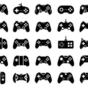 May include: A collection of black video game controller icons in various designs. The controllers feature buttons, joysticks, and directional pads. The image is a graphic representation of gaming accessories, suitable for digital art or product listings.