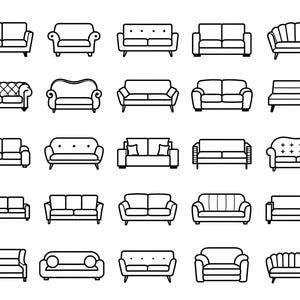 May include: A collection of black and white line art illustrations of various sofa designs. The sofas vary in style, including two-seaters, three-seaters, and sectionals, with different armrests, backrests, and decorative details.