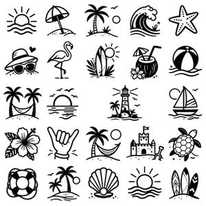May include: Black and white line art illustrations of summer and beach-themed icons. Includes a sun, palm trees, waves, a starfish, a flamingo, a surfboard, a coconut drink, a beach ball, a hammock, a lighthouse, a sailboat, a flower, a hand gesture, a sandcastle, a turtle, a life preserver, and a seashell.