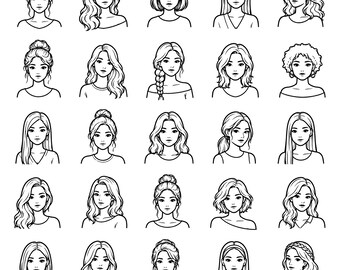 Women Face Lineart SVG Bundle – 25 Distinct Female Portrait Icons, Pure Black Contour Artwork, White Background, Cricut Silhouette Cut Files