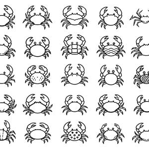 May include: A collection of twenty-five distinct black and white line art icons of crabs arranged in a five-by-five grid. Each crab illustration features a unique shell pattern, including dots, waves, grids, and plain surfaces, with raised claws.