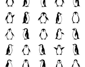 Penguin SVG Icons Bundle – 25 Distinct Black Outline Bird Designs, Bold Line Artwork, White Background, Cricut Silhouette Cut Files