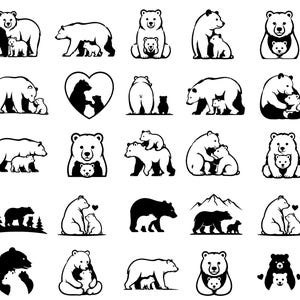 Pode incluir: Uma coleção de vinte e cinco ícones vetoriais em preto e branco com várias ilustrações de ursos adultos e seus filhotes em diferentes poses, incluindo em pé, sentados, caminhando e interagindo, apresentados em um layout de grade.