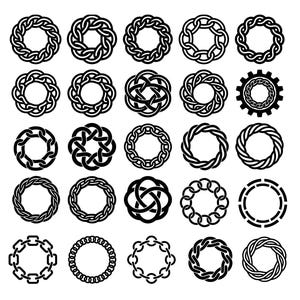 May include: A collection of twenty-five black circular graphic icons arranged in a five-by-five grid. The designs feature various interconnected patterns, including braided rope styles, chain links, knotwork, gear-like shapes, and segmented rings.
