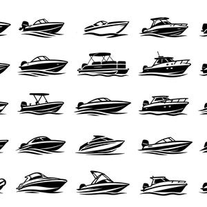 Può includere: Una collezione di venticinque icone vettoriali in bianco e nero che raffigurano vari tipi di motoscafi e imbarcazioni. Ogni silhouette mostra una barca che si muove su onde stilizzate, caratterizzata da diverse forme di scafo e motori.