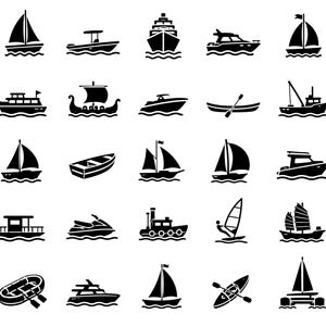 May include: A collection of twenty-five black silhouette icons depicting various watercraft including sailboats, motorboats, a canoe with oars, a jet ski, a Viking ship, a junk boat, and an inflatable raft, all positioned above stylized wave lines.