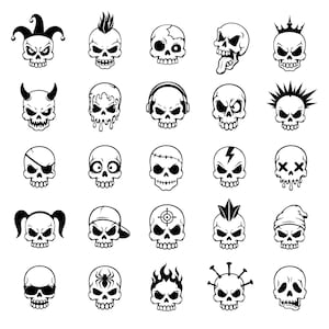 May include: A collection of twenty-five distinct black and white skull illustrations arranged in a five-by-five grid. Each skull features unique characteristics, including various headwear, expressions, accessories, and patterns, presented as graphic icons.