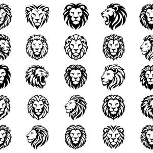 May include: A collection of twenty-five black and white graphic illustrations of lion heads. The set features various artistic styles, including front-facing portraits, profile views, and roaring expressions, all rendered in high-contrast ink lines.