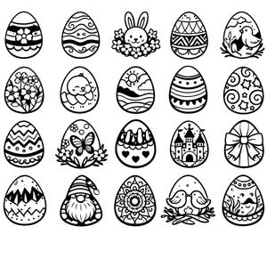 May include: A collection of black and white Easter egg designs. The eggs feature various patterns, including flowers, geometric shapes, a bunny, a baby, a butterfly, a castle, a bow, a gnome, a mandala, and birds. These designs are suitable for Easter crafts and decorations.