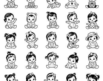 Paquete de iconos SVG para bebé niña: 25 personajes infantiles únicos con contorno negro, diseño de líneas gruesas, fondo blanco, archivos de corte para Cricut y Silhouette.