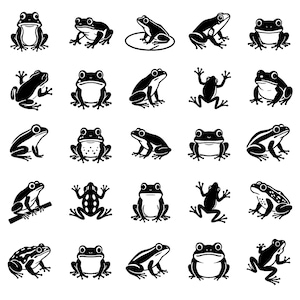 Frog SVG Icons Bundle – 25 Distinct Amphibian Outline Graphics, Bold Monochrome Line Art, Clean Background, Cricut Silhouette Cut Files