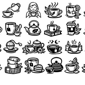 May include: A collection of black and white line art illustrations featuring various tea-related elements. The images include teacups, teapots, tea bags, and a cat in a teacup. Some cups have steam rising, and some have decorative elements.
